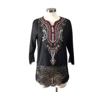 NWT Ethnic Print Lace Trim Blouse Tunic Paisley Floral